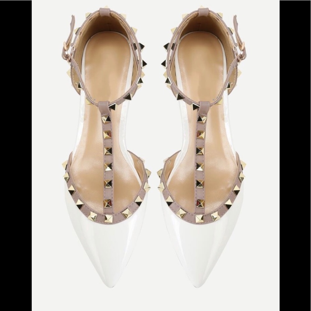 White Studded T-Strap Flats
